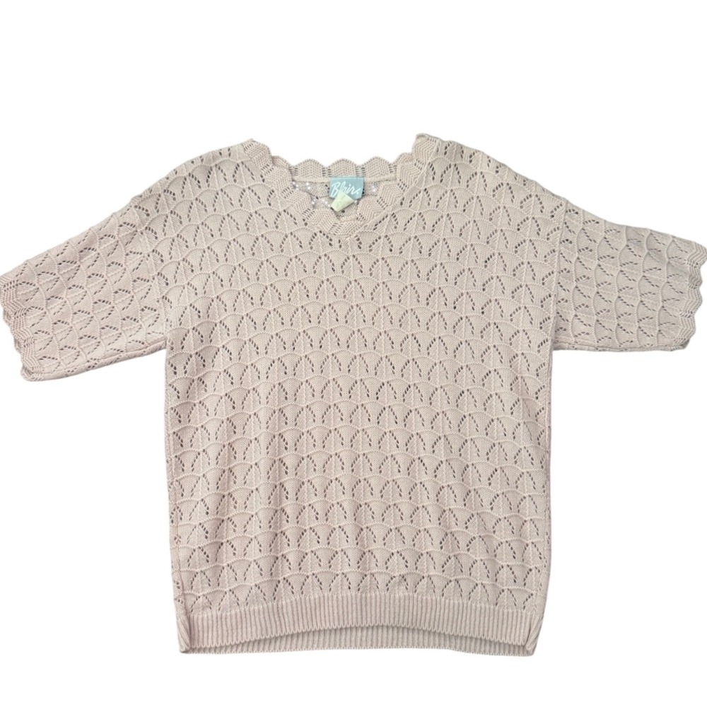 Vintage Scalloped Knit Top Women's Large V Neck Short Sleeve Sweater USA Made